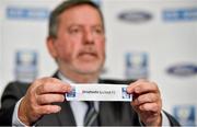 26 August 2014; Donal Conway, Vice-President of the FAI draws out Drogheda Utd FC to play Derry City FC, during the FAI Ford Cup Quarter-Final Draw. FAI Headquarters, Abbotstown. Picture credit: Barry Cregg / SPORTSFILE