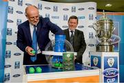 26 August 2014; Director of the National League Fran Gavin, left, with Donal Conway, Vice-President of the FAI, places the balls into the bowl to be drawn out to determine the quarter-fianl matches, during the FAI Ford Cup Quater-Final Draw. FAI Headquarters, Abbotstown. Picture credit: Barry Cregg / SPORTSFILE