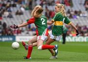 24 August 2014; Hazel McLoughlin, Rathmore N.S, Naas, Kildare, representing Kerry, in action against Kayla O’Connor, Sc Náisiúnta an Chroi Naofa, Gleanntán, Cork, representing Mayo. INTO/RESPECT Exhibition GoGames, Croke Park, Dublin. Picture credit: Ray McManus / SPORTSFILE