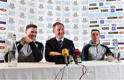 27 August 2014; Dublin manager Jim Gavin, centre, alongside Paddy Andrews, left, and Philly McMahon during a press conference ahead of their side's GAA Football All Ireland Senior Championship Semi-Final match against Donegal on Sunday. Dublin Football Press Conference, Gibson Hotel, Dublin. Picture credit: Ramsey Cardy / SPORTSFILE