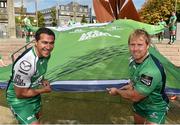 28 August 2014; Pictured in Eyre Square, Galway, are Connacht Rugby players Mils Muliaina, left, and Fionn Carr. As a 100% Irish owned and operated retailer, Life Style Sports today proudly announced its title sponsorship of Connacht Rugby and showcased the new Life Style Sports branded Connacht Rugby jersey. Eyre Square, Galway City. Picture credit: Diarmuid Greene / SPORTSFILE
