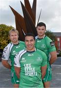 28 August 2014; Pictured in Eyre Square, Galway, are Connacht Rugby players, from left to right, Fionn Carr, Mils Muliaina, and Robbie Henshaw. As a 100% Irish owned and operated retailer, Life Style Sports today proudly announced its title sponsorship of Connacht Rugby and showcased the new Life Style Sports branded Connacht Rugby jersey. Eyre Square, Galway City. Picture credit: Diarmuid Greene / SPORTSFILE