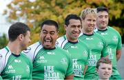 28 August 2014; Pictured in Eyre Square, Galway, are Connacht Rugby players, from left to right, Robbie Henshaw, Rodney Ah You, Mils Muliaina, Fionn Carr, and Denis Buckley, along with Connacht supporter Aidan McDonagh, aged 11, from Knocknacarra, Co. Galway. As a 100% Irish owned and operated retailer, Life Style Sports today proudly announced its title sponsorship of Connacht Rugby and showcased the new Life Style Sports branded Connacht Rugby jersey. Eyre Square, Galway City. Picture credit: Diarmuid Greene / SPORTSFILE
