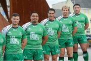 28 August 2014; Pictured in Eyre Square, Galway, are Connacht Rugby players, from left to right, Robbie Henshaw, Rodney Ah You, Mils Muliaina, Fionn Carr, and Denis Buckley. As a 100% Irish owned and operated retailer, Life Style Sports today proudly announced its title sponsorship of Connacht Rugby and showcased the new Life Style Sports branded Connacht Rugby jersey. Eyre Square, Galway City. Picture credit: Diarmuid Greene / SPORTSFILE