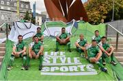 28 August 2014; Pictured in Eyre Square, Galway, are Connacht Rugby players, from left to right, Andrew Browne, Mick Kearney, Mils Muliaina, Rodney Ah You, Fionn Carr, Robbie Henshaw, Denis Buckley, and Dave McSharry, assited from behind by Connacht supporters, from left to right, Aidan McDonagh, aged 11, from Knocknacarra, Co. Galway, Caleb Fleetwood, aged 8, Fabien Fleetwood, aged 10, and Maiah Fleetwood, aged 7, from Clarinbridge, Co. Galway. As a 100% Irish owned and operated retailer, LifeStyle Sports today proudly announced its title sponsorship of Connacht Rugby and showcased the new LifeStyle Sports branded Connacht Rugby jersey. Eyre Square, Galway City. Picture credit: Diarmuid Greene / SPORTSFILE