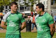 28 August 2014; Pictured in Eyre Square, Galway, are Connacht Rugby players Robbie Henshaw, left, and Mils Muliaina. As a 100% Irish owned and operated retailer, LifeStyle Sports today proudly announced its title sponsorship of Connacht Rugby and showcased the new LifeStyle Sports branded Connacht Rugby jersey. Eyre Square, Galway City. Picture credit: Diarmuid Greene / SPORTSFILE