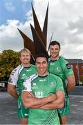 28 August 2014; Pictured in Eyre Square, Galway, are Connacht Rugby players, from left to right, Fionn Carr, Mils Muliaina and Robbie Henshaw. As a 100% Irish owned and operated retailer, LifeStyle Sports today proudly announced its title sponsorship of Connacht Rugby and showcased the new LifeStyle Sports branded Connacht Rugby jersey. Eyre Square, Galway City. Picture credit: Diarmuid Greene / SPORTSFILE