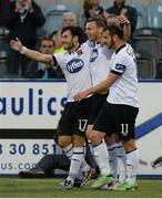 29 August 2014; Andy Boyle, Dundalk, centre, celebrates with team-mates Richie Towell, left, and Kurtis Byrne after scoring his side's first goal. SSE Airtricity League Premier Division, Dundalk v Bohemians, Oriel Park, Dundalk, Co. Louth. Picture credit: Oliver McVeigh / SPORTSFILE