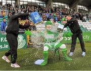 29 August 2014; Shamrock Rovers mascot Hooperman does the 'Ice bucket challenge' before the game. SSE Airtricity League Premier Division, Shamrock Rovers v Sligo Rovers, Tallaght Stadium, Tallaght, Dublin. Picture credit: Dáire Brennan / SPORTSFILE