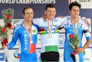 29 August 2014; Ireland's Eoghan Clifford, celebrates with his Gold Medal after finishing first in the Men's C3 Time Trial with a time of 22:44.61. 2014 UCI Paracyling World Road Championships, Greenville, South Carolina, USA. Picture credit: Jean Baptiste Benavent / SPORTSFILE