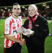 31 October 2006; Mark Farren, Derry City, receives his Carlsberg man on the match award from Trevor Holmes, Carlsburg. Carlsberg FAI Cup, Semi-Final Replay, Derry City v Sligo Rovers. Brandywell, Derry. Picture credit: Oliver McVeigh / SPORTSFILE
