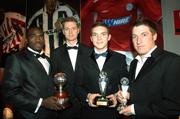 26 November 2006; Joseph Ndo, far left, Shelbourne, winner of the eircom League Premier Division, player of the year award, Tony McDonnell, chairman PFAI, second from left, Kevin Deery, Derry City, young player of the year and Philip Hughes, Dundalk, winner of the First Division award  at the 27th PFAI Player Awards. Burlington Hotel, Dublin. Picture credit: David Maher / SPORTSFILE
