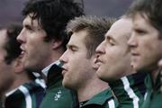 26 November 2006; Luke Fitzgerald, Ireland, sings the national anthem alongside team-mates, from left, Shane Horgan, Denis Hickie and Simon Easterby, before making his debut against The Pacific Islands. Autumn Internationals, Ireland v The Pacific Islands, Lansdowne Road, Dublin. Picture credit: RAy Lohan / SPORTSFILE