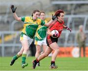 30 August 2014; Aileen Pyres, Down, in action against Mary Farrell, Leitrim. TG4 All-Ireland Ladies Football Intermediate Championship, Semi-Final, Down v Leitrim, Cusack Park, Mullingar, Co. Westmeath. Picture credit: Oliver McVeigh / SPORTSFILE