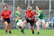 30 August 2014; Kyla Trainor, Down, in action against Mairead Stenson, Leitrim. TG4 All-Ireland Ladies Football Intermediate Championship, Semi-Final, Down v Leitrim, Cusack Park, Mullingar, Co. Westmeath. Picture credit: Oliver McVeigh / SPORTSFILE