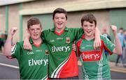 30 August 2014; Mayo supporters, from left, Joe O'Malley, Harry Gallagher and Micheal Kilbane, all aged 14, from Achill Island, Co. Mayo, before the game. GAA Football All Ireland Senior Championship, Semi-Final Replay, Kerry v Mayo, Gaelic Grounds, Limerick. Picture credit: Barry Cregg / SPORTSFILE
