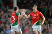 30 August 2014; Andy Moran, right, Mayo, celebrates with team-mate Cillian O'Connor, after O'Connor scored his side's second goal. GAA Football All Ireland Senior Championship, Semi-Final Replay, Kerry v Mayo, Gaelic Grounds, Limerick. Picture credit: Dáire Brennan / SPORTSFILE