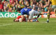 30 August 2014; Cillian O'Connor, Mayo, is fouled by Shane Enright, Kerry, resulting in a Mayo penalty. GAA Football All Ireland Senior Championship, Semi-Final Replay, Kerry v Mayo. Gaelic Grounds, Limerick. Picture credit: Stephen McCarthy / SPORTSFILE
