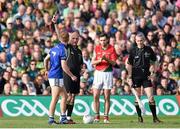 30 August 2014; Referee Cormac Reilly gives a back card to Fionn Fitzgerald, Kerry, after he fouled Andy Moran, Mayo. GAA Football All Ireland Senior Championship, Semi-Final Replay, Kerry v Mayo, Gaelic Grounds, Limerick. Picture credit: Barry Cregg / SPORTSFILE