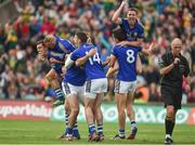 30 August 2014; Kerry players from left, David Moran, Barry John Keane, Brian Sheehan, Paul Geaney, Marc Ó Sé and Anthony Maher celebrate victory after the final whistle is blown. GAA Football All Ireland Senior Championship, Semi-Final Replay, Kerry v Mayo, Gaelic Grounds, Limerick. Picture credit: Barry Cregg / SPORTSFILE