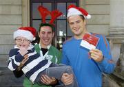 27 November 2006; Special Olympics Athlete Ben O'Riordan, from the Blackrock Flyers Special Olympics Team, with Ireland rugby Internationals Paddy Wallace, centre, and Jamie Heaslip as they attend the official launch of a charity CD called 'A Special Christmas Time'. 'A Special Christmas Time' is available in all music stores from Friday, the 1st December 2006. Radisson SAS Hotel, St Helen's, Mount Merrion, Co Dublin. Picture credit: Damien Eagers / SPORTSFILE