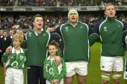 26 November 2006; Mascots Stuart Murless, left, and Jack Jacob with Ireland captain Brian O'Driscoll and players John Hayes and Paul O'Connell before the game. Autumn Internationals, Ireland v The Pacific Islands, Lansdowne Road, Dublin. Picture credit: Brendan Moran / SPORTSFILE