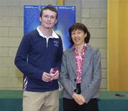 28 November 2006; UCD sports scholarship recipient Conan Byrne, soccer, with Professor Mary Clayton, Vice President for students, at the Sports Scholarships Reception for the announcement of the 2006 scholarship recipients. Astra Hall, Student Centre, University College Dublin, Belfield Campus, Dublin. Picture credit: Damien Eagers / SPORTSFILE