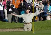 22 September 2006; Lee Westwood, Team Europe 2006, reacts as the ball drops into the hole after chiping from the bunker on the third hole during Friday morning's four-ball matches. 36th Ryder Cup Matches, K Club, Straffan, Co. Kildare, Ireland. Picture credit: David Maher / SPORTSFILE