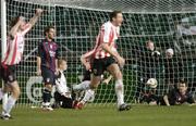 3 December 2006; Michael Foley, far right, goalkeeper Barry Ryan, and Sean O'Connor, St Patrick's Athletic, fail to keep out the ball from a deflected shot from their team-mate Stephen Brennan, out of picture, for the winning goal for Derry City. FAI Carlsberg Senior Challenge Cup Final, Derry City v St Patrick's Athletic, Lansdowne Road, Dublin. Picture credit: David Maher / SPORTSFILE