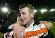 3 December 2006; Derry City manager Stephen Kenny, with captain Peter Hutton, celebrate at the end of the game. FAI Carlsberg Senior Challenge Cup Final, Derry City v St Patrick's Athletic, Lansdowne Road, Dublin. Picture credit: David Maher / SPORTSFILE