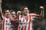 3 December 2006; Derry City's Mark Farren, left, Gary Beckett, centre, and Ruardhi Higgins celebrate after the final whistle. FAI Carlsberg Senior Challenge Cup Final, Derry City v St Patrick's Athletic, Lansdowne Road, Dublin. Picture credit: Brian Lawless / SPORTSFILE
