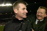 3 December 2006; Derry City's Stephen Kenny celebrates at the end of the game with club chairman Jim Roddy. FAI Carlsberg Senior Challenge Cup Final, Derry City v St Patrick's Athletic, Lansdowne Road, Dublin. Picture credit: David Maher / SPORTSFILE