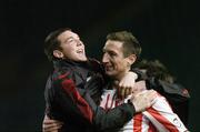 3 December 2006; Derry City's Clive Delaney celebrates with team-mate Kevin Deery at the end of the game. FAI Carlsberg Senior Challenge Cup Final, Derry City v St Patrick's Athletic, Lansdowne Road, Dublin. Picture credit: David Maher / SPORTSFILE