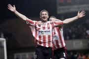 3 December 2006; Derry City's Clive Delaney celebrates with team-mate Gary Becket after scoring his side's second goal to take the match to extra time. FAI Carlsberg Senior Challenge Cup Final, Derry City v St Patrick's Athletic, Lansdowne Road, Dublin. Picture credit: Brian Lawless / SPORTSFILE