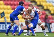 30 August 2014; Stuart Olding, Ulster, is tackled bySean O'Brien, left, and Bryan Byrne, Leinster. Pre-Season Friendly, Leinster v Ulster. Tallaght Stadium, Tallaght, Co. Dublin. Picture credit: Ramsey Cardy / SPORTSFILE