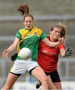 30 August 2014; Aine Tighe, Leitrim, in action against Meagan Doherty, Down. TG4 All-Ireland Ladies Football Intermediate Championship, Semi-Final, Down v Leitrim, Cusack Park, Mullingar, Co. Westmeath. Picture credit: Oliver McVeigh / SPORTSFILE
