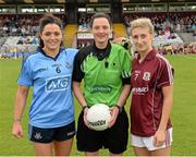 30 August 2014; Referee Maggie Farrelly with Dublin captain Sinead McGoldrick and Galway captain Sinead Burke. TG4 All-Ireland Ladies Football Senior Championship, Semi-Final, Dublin v Galway, Cusack Park, Mullingar, Co. Westmeath. Picture credit: Oliver McVeigh / SPORTSFILE