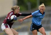 30 August 2014; Tracey Leonard, Galway, in action against Carla Rowe, Dublin. TG4 All-Ireland Ladies Football Senior Championship, Semi-Final, Dublin v Galway, Cusack Park, Mullingar, Co. Westmeath. Picture credit: Oliver McVeigh / SPORTSFILE