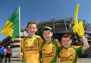31 August 2014; Donegal supporters, from left, Ryan Geoghegan, aged 9, Thomas Geoghegan, aged 7, and Shay Geoghegan, all from Malin, Co. Donegal, at the game. GAA Football All Ireland Senior Championship Semi-Final, Dublin v Donegal, Croke Park, Dublin. Picture credit: Stephen McCarthy / SPORTSFILE