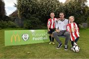 31 August 2013; Lucan United football club were the lucky winners of the McDonald’s FAI Future Football Coaching Session with John O’Shea which took place this Sunday 31st of August at Lucan United Football Grounds. Lucan United football club member Kate Kennedy was the lucky winner and along with the coaching session for her club, she also received McDonald’s vouchers and premium tickets to the Republic of Ireland versus Gilbraltar game on October 11th in the Aviva where she will have the chance to meet the players. Republic of Ireland star John O’Shea was joined by Adrian Crean, MD McDonald’s Ireland, John Delaney, CEO FAI, Gerry Hayden, McDonald’s Restaurant Lucan and John Doyle, Chairman of Lucan United to help Kate celebrate her win! The McDonald’s FAI Future Football Programme consists of 24 fun days, followed by regional days and an overall final on the 11th of October. For further information, visit http://mcdonaldsfuturefootball.fai.ie. Pictured are from left, Cathal Kennedy, Lucan United, Republic of Ireland star John O’Shea and Kate Kennedy, Lucan United. Lucan United FC, Lucan, Co. Dublin. Picture credit: Barry Cregg / SPORTSFILE