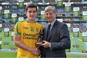 31 August 2014; Pat O'Doherty, ESB Chief Executive, proud sponsor of the GAA All-Ireland Minor Championships, presents Stephen McBrearty, from Donegal, with the player of the match award for his outstanding performance in the Electric Ireland GAA Football All-Ireland Minor Championship Semi-Final, Dublin v Donegal, Croke Park, Dublin. Picture credit: Brendan Moran / SPORTSFILE