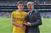 31 August 2014; Pat O'Doherty, ESB Chief Executive, proud sponsor of the GAA All-Ireland Minor Championships, presents Stephen McBrearty, from Donegal, with the player of the match award for his outstanding performance in the Electric Ireland GAA Football All-Ireland Minor Championship Semi-Final, Dublin v Donegal, Croke Park, Dublin. Picture credit: Brendan Moran / SPORTSFILE