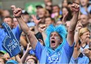 31 August 2014; A Dublin supporter cheers on his team during the game. GAA Football All Ireland Senior Championship Semi-Final, Dublin v Donegal, Croke Park, Dublin. Picture credit: David Maher / SPORTSFILE
