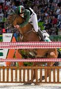 31 August 2014; Sam Watson holds on tight as Horseware Bushman stops at the 9th, which he ultimately cleared, during the Jumping phase. Team Ireland Eventers became the first Irish athletes to secure a place in the 2016 Olympic Games to be held in Rio de Janeiro. 2014 Alltech FEI World Equestrian Games, Caen, France. Picture credit: Ray McManus / SPORTSFILE