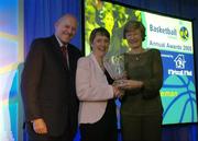 7 May 2005; Maeve Coleman is presented with the Senior Coach of the Year by Sheila Gillick, right, and Tony Colgan, President of Basketball Ireland, at the O'Driscoll O'Neil Basketball Ireland Awards 2005. Westbury Hotel, Dublin. Picture credit; Brendan Moran / SPORTSFILE