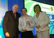 7 May 2005; Frank Cummins, centre, receives the Volunteer Award on behalf of his father Noel, from Debbie Massey, Chief Executive, Basketball Ireland and Tony Colgan, President of Basketball Ireland, at the O'Driscoll O'Neil Basketball Ireland Awards 2005. Westbury Hotel, Dublin. Picture credit; Brendan Moran / SPORTSFILE