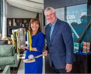 1 September 2014; Thousands of passengers flying with Etihad Airways on Sunday 7 September will be able to enjoy every moment of the GAA Hurling All Ireland Senior Championship Final between Kilkenny and Tipperary, the first time the final has ever been screened on a commercial flight. The coverage from Irish broadcaster RTÉ will be broadcast live on Etihad Airways’ E-BOX in-flight entertainment systems, powered by Panasonic, on its widebody aircraft equipped with Live TV, allowing every passenger in every cabin to watch the thrilling climax to the season. Pictured at the announcement is Beatrice Cosgrove, Etihad Airways’ General Manager Ireland, left, and Michael Lyster, Presenter of RTÉ’s The Sunday Game Live. Dublin Airport, Dublin. Picture credit: Ray McManus / SPORTSFILE