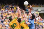 31 August 2014; Michael Darragh Macauley, Dublin, in action against Christy Toye, left, and Paddy McGrath, Donegal. GAA Football All Ireland Senior Championship, Semi-Final, Dublin v Donegal, Croke Park, Dublin. Picture credit: Ramsey Cardy / SPORTSFILE