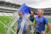 31 August 2014; Armagh football manager Kieran McGeeney pours water over Sunday Game analysts Joe Brolly, left, and Pat Spillane, as part of the 'Ice Bucket Challenge'. GAA Football All Ireland Senior Championship Semi-Final, Dublin v Donegal, Croke Park, Dublin. Picture credit: Dáire Brennan / SPORTSFILE