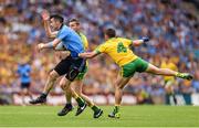 31 August 2014; Michael Darragh Macauley, Dublin, in action against Christy Toye and Paddy McGrath, right, Donegal. GAA Football All Ireland Senior Championship, Semi-Final, Dublin v Donegal, Croke Park, Dublin. Picture credit: Stephen McCarthy / SPORTSFILE